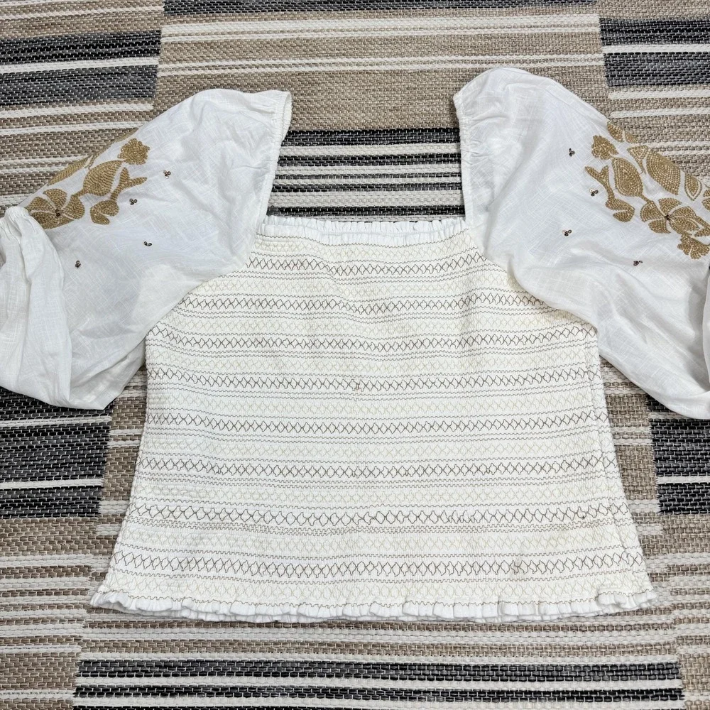 Anthropologie Women's XL White Smocked Embroidered Puff Sleeve Square Neck Top‎